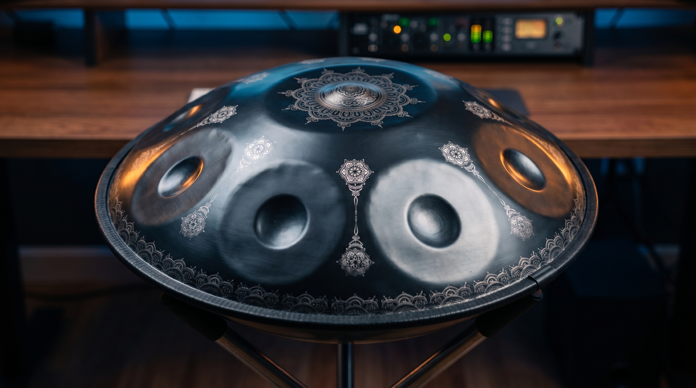 Professional HarmoniqSound handpan D minor scale instrument ready to play music in a studio.Professional HarmoniqSound handpan D minor scale instrument ready to play music in a studio.