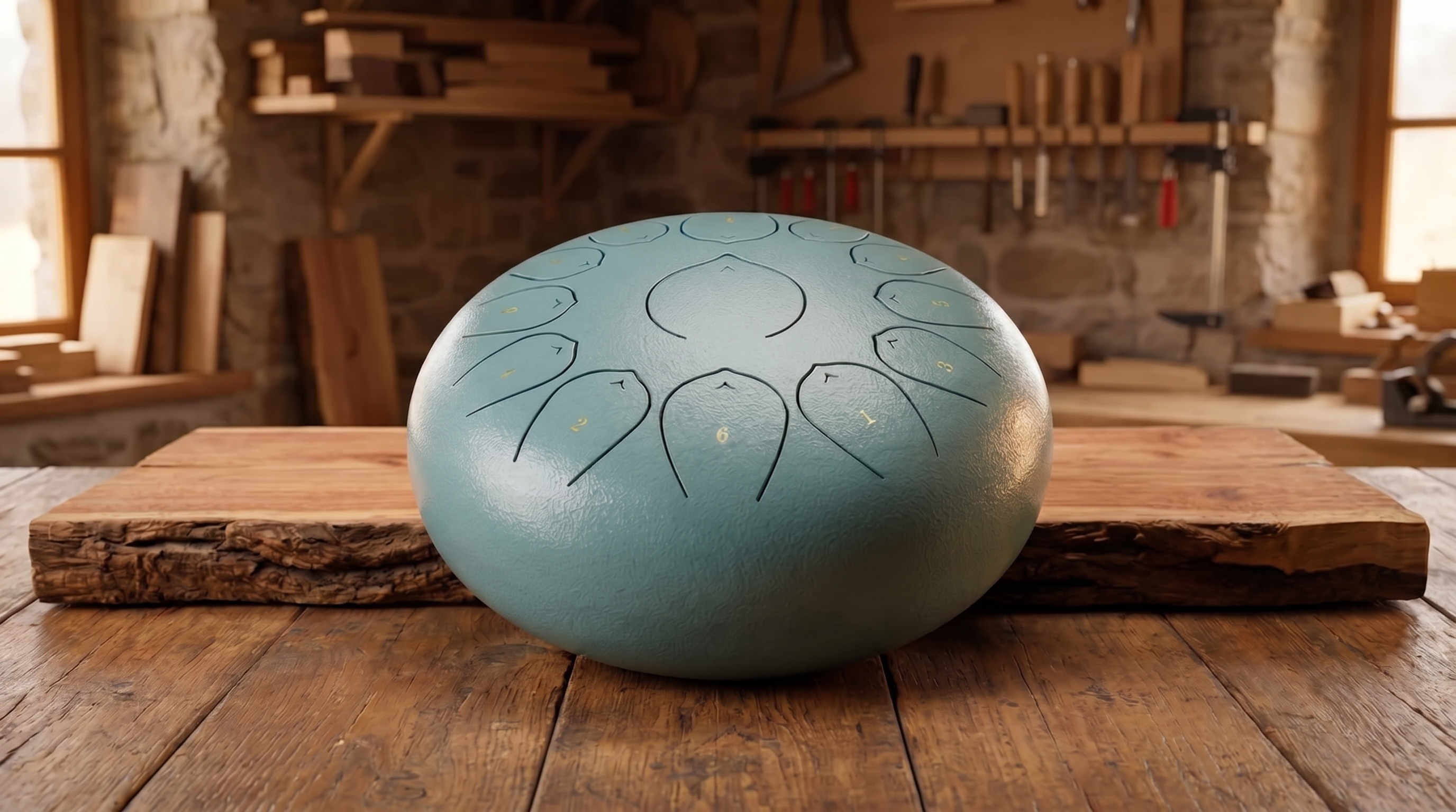 Teal Harmoniq Sound steel tongue drum on a workbench, proving it is a real musical instrument.