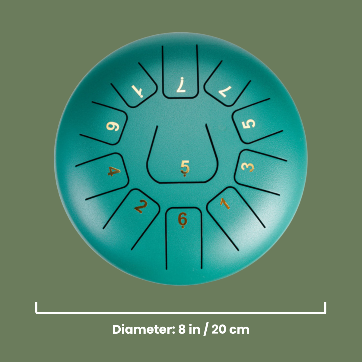 tongue drum with number markings and a measurement label on a green background