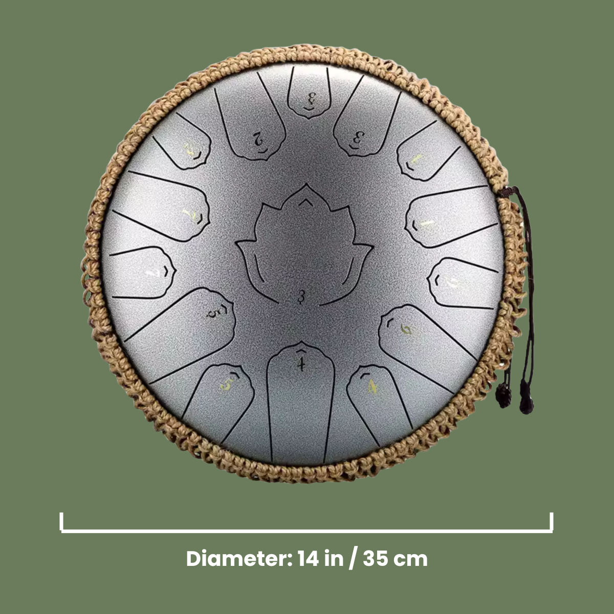 Circular metal drum with knitted rim on a green background