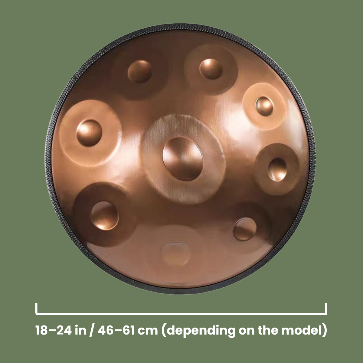 Close-up of a handpan with dimensions indicated D minor