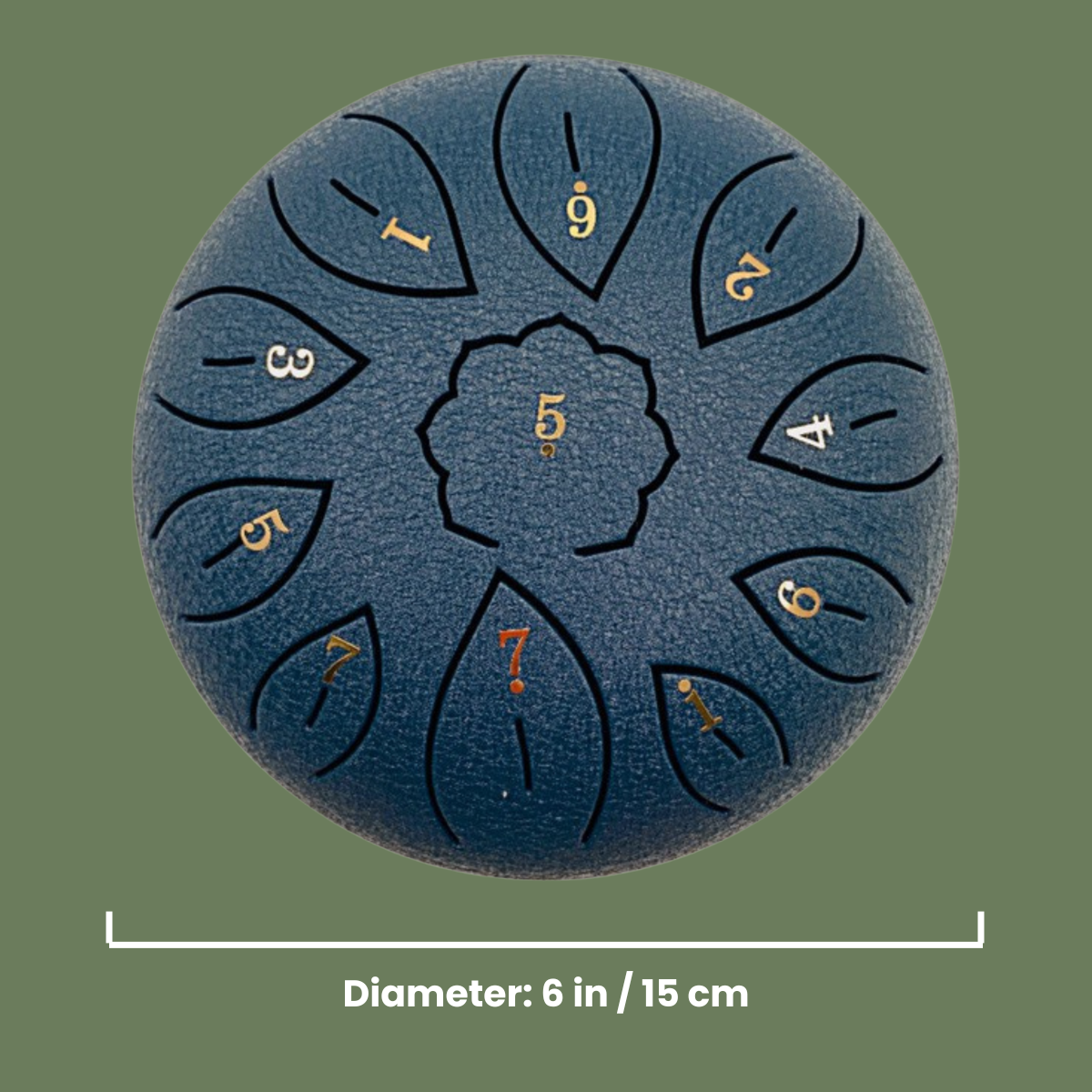 Blue steel tongue drum with gold numbering on a green background