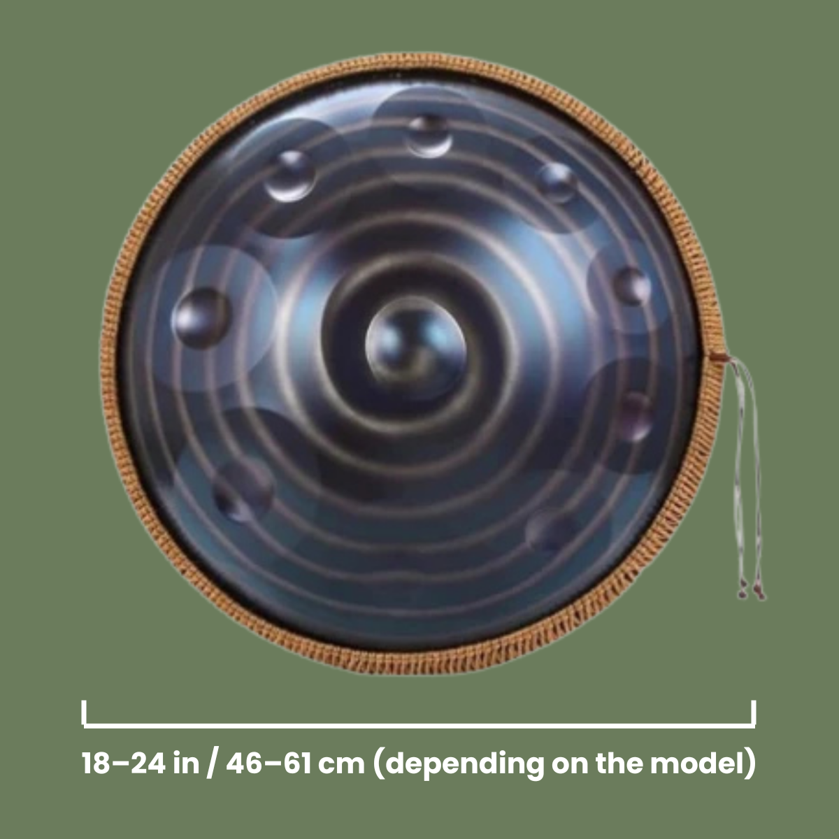 Round metallic Handpan Dminor showing measurement details.