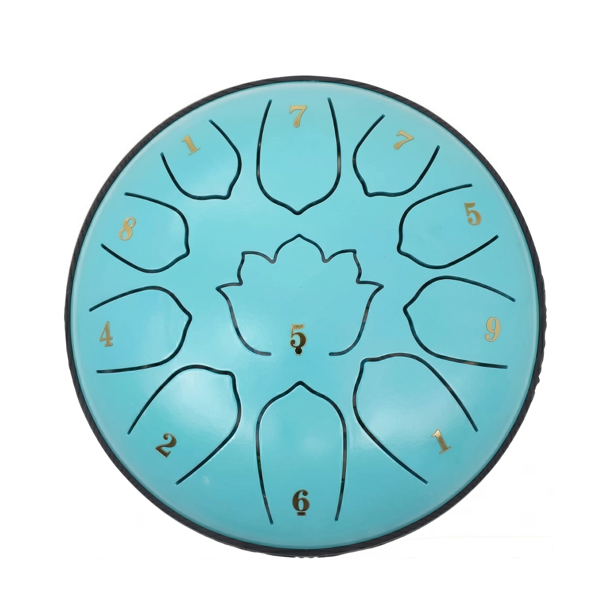 Turquoise steel tongue drum with black numbering on a white background