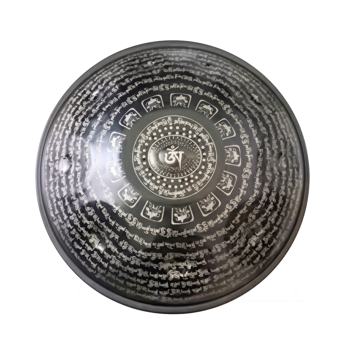 Decorative Handpans with intricate patterns and symbols on a white background