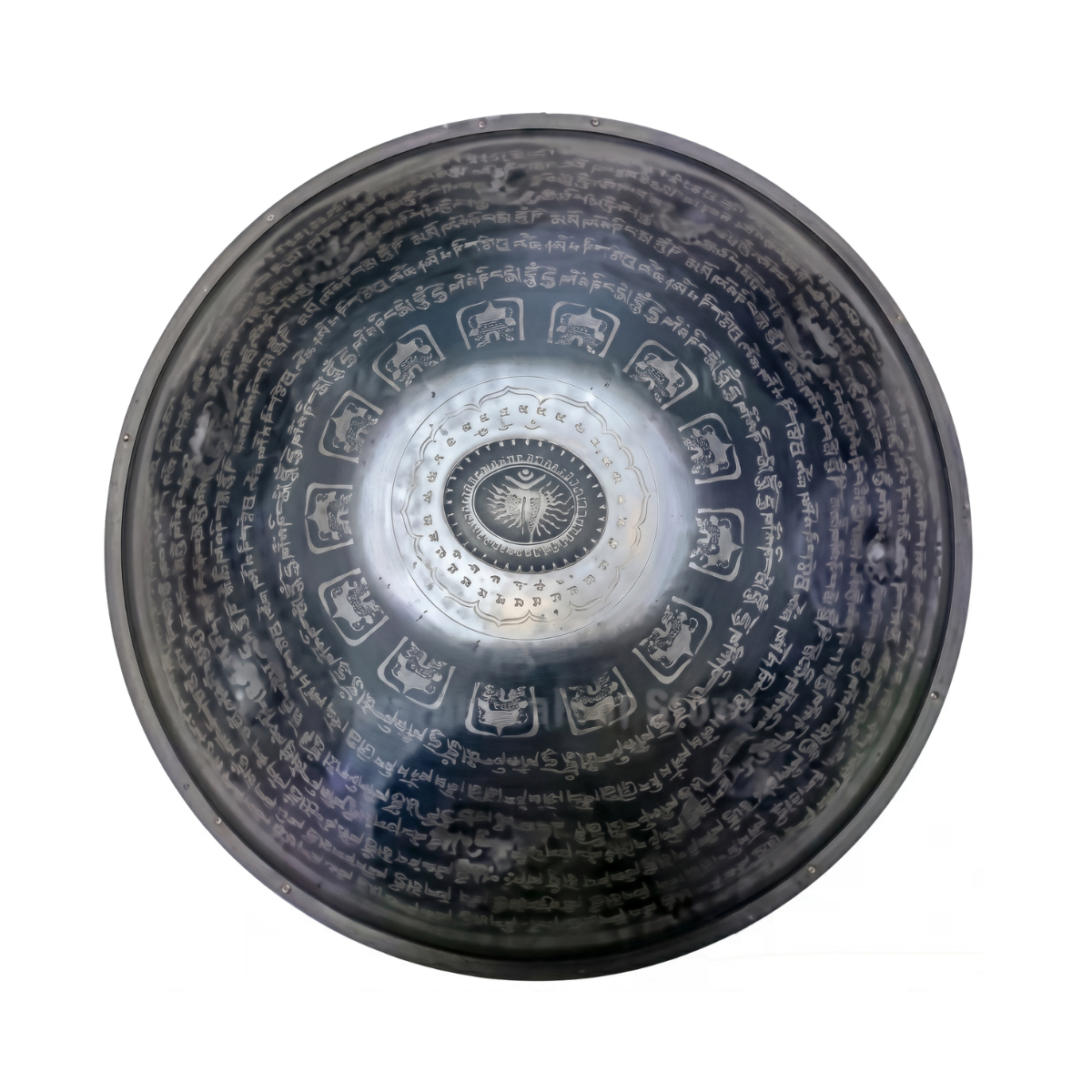 Decorative Handpans with intricate patterns and symbols on a white background