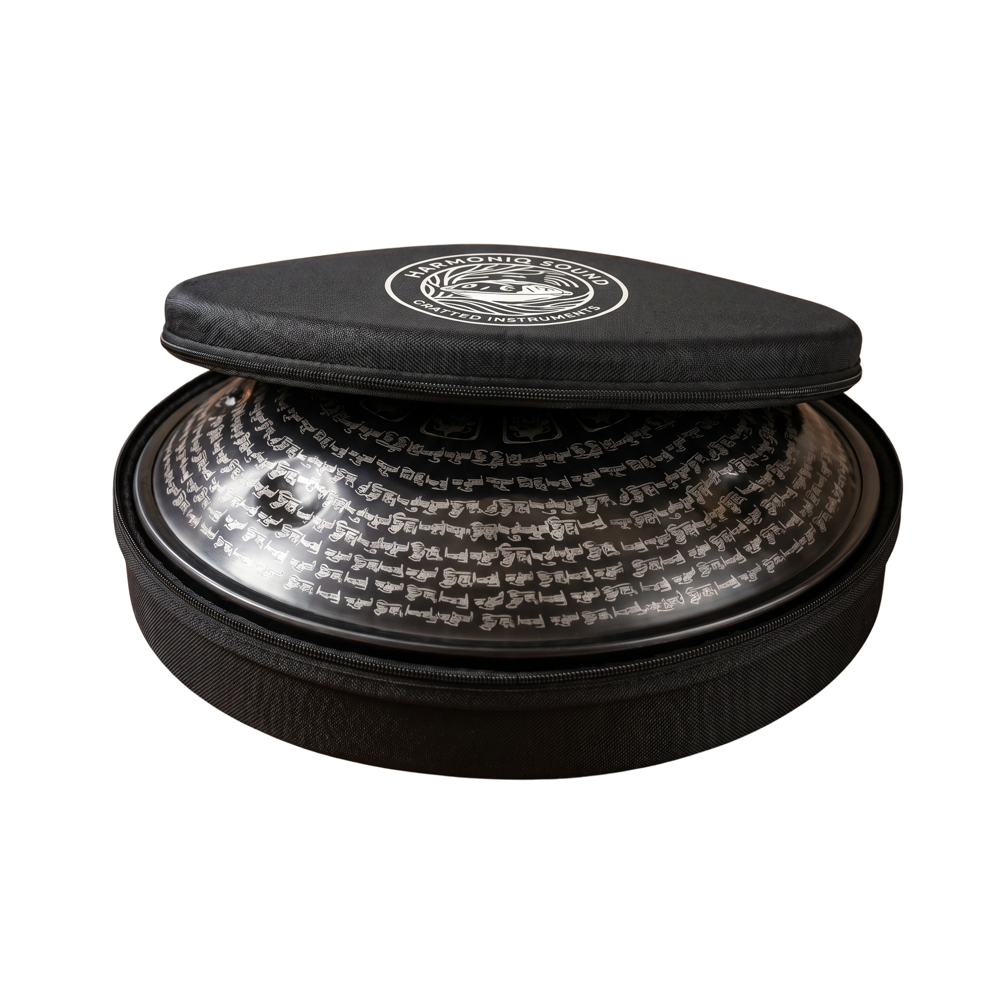 Round black case with a textured interior on a white background for handpan