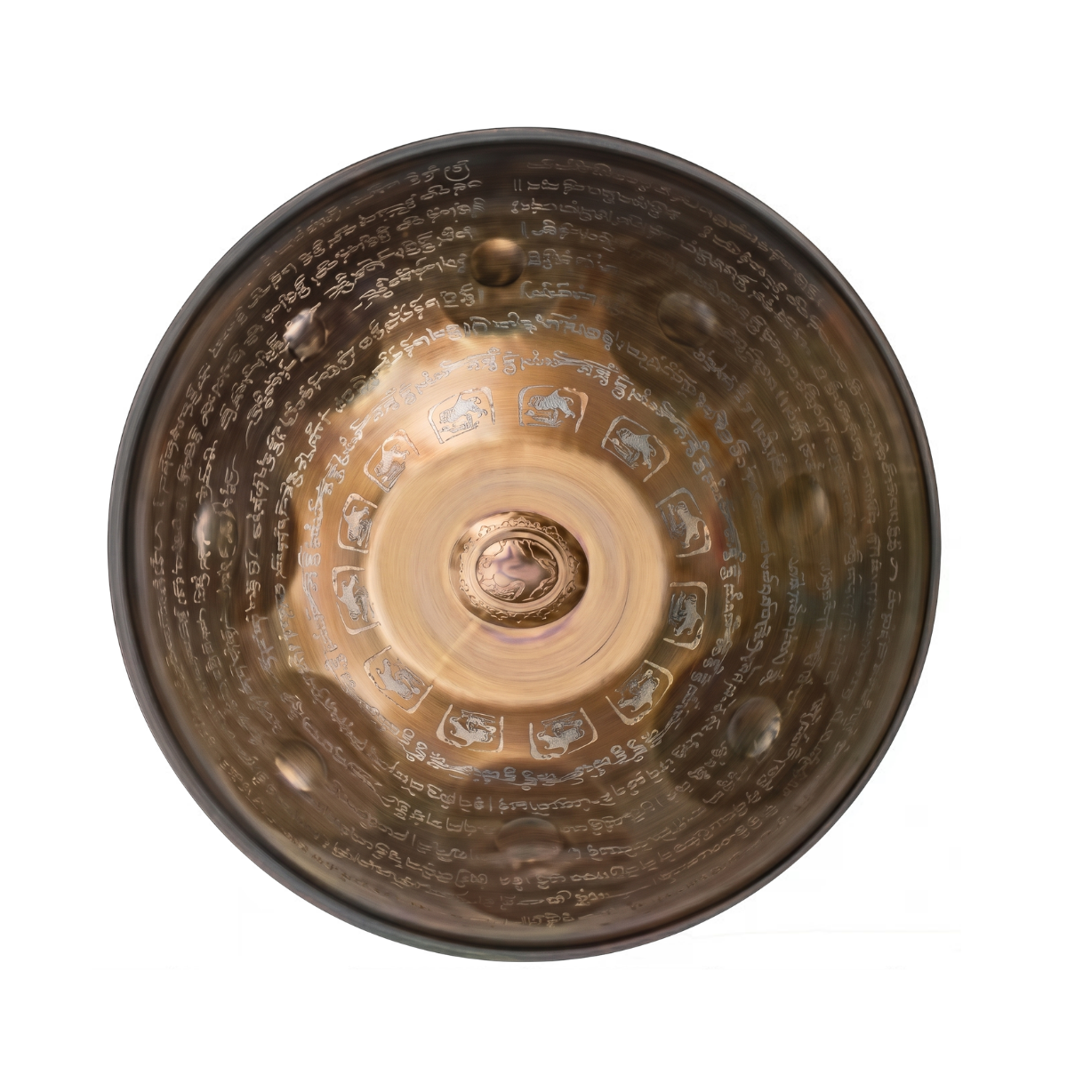 Decorative Handpans with intricate patterns and symbols on a white background