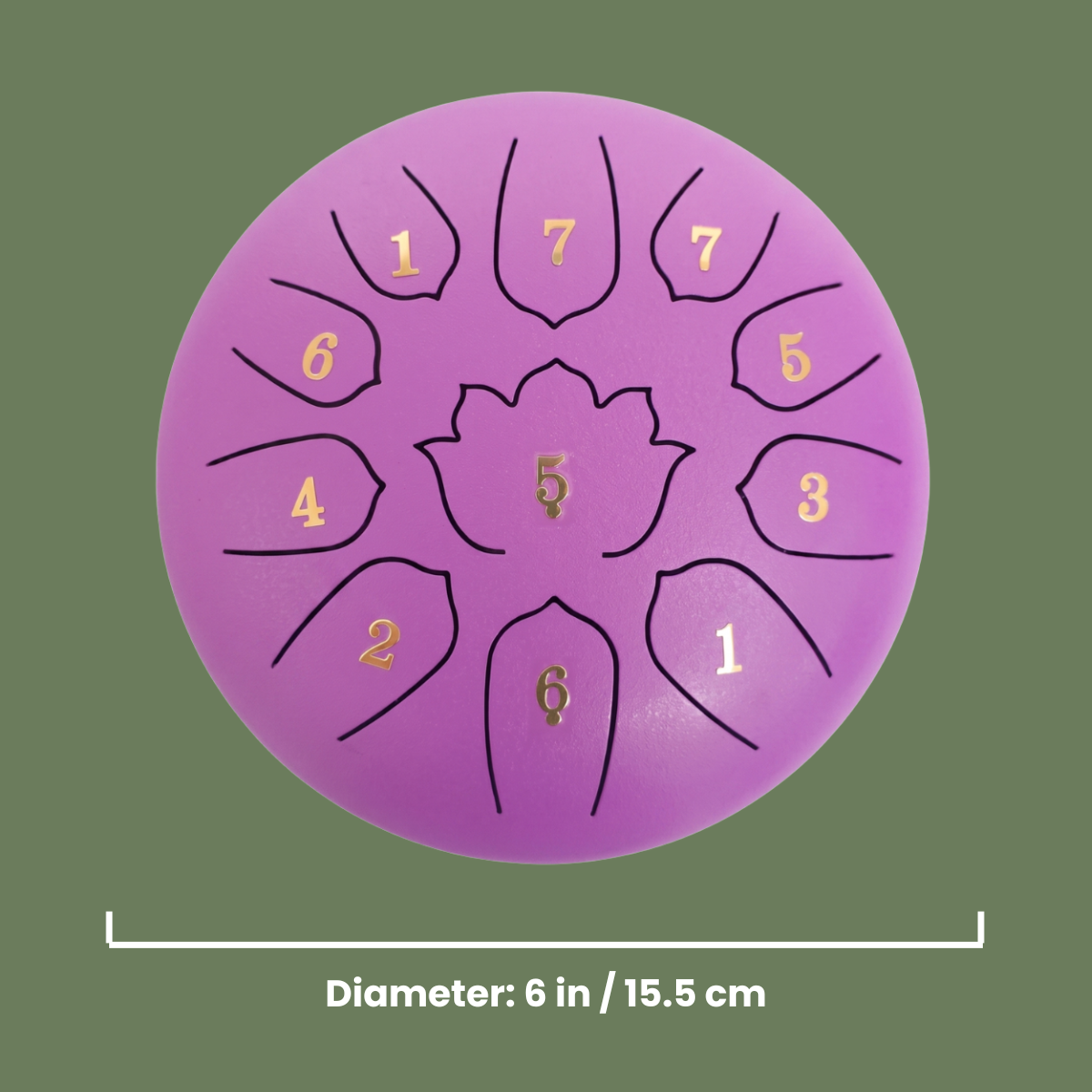 Green HarmoniqSound Glucophone steel tongue drum showing a compact 6-inch diameter for easy travel.